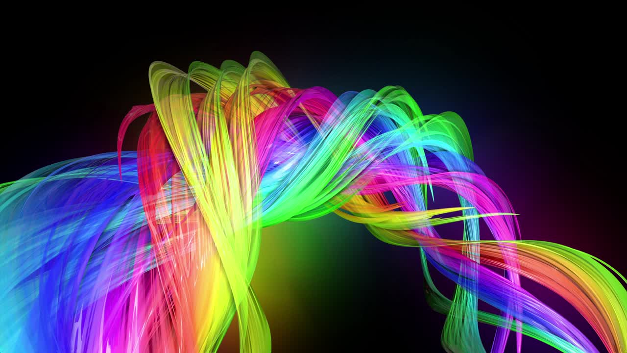 líneas de colores transparentes con un brillo de neón en un fondo negro. gráficos de movimiento fondo en bucle 3d con cintas de arco iris de colores multicolores. hermoso fondo sin costuras en el estilo de diseño de movimiento 56