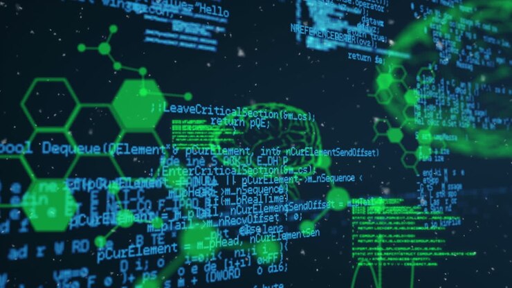 Animation of computer and scientific data processing on black background