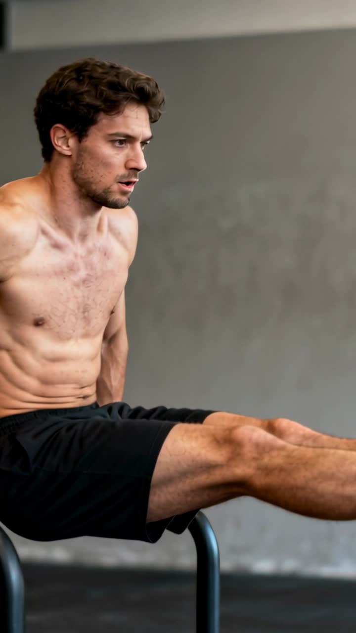 Video verticale: Clip che mostra un uomo a torso nudo che esegue un L-sit sulle sbarre in palestra, in equilibrio con pantaloncini neri.