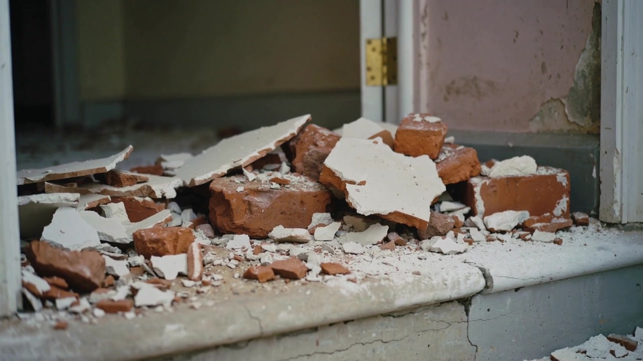 Settling pile of red bricks and plaster shifting on door threshold post-demolition, brass hinge