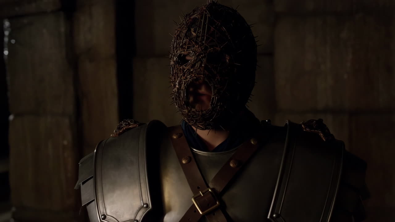 Mysterious Figure in Thorn Mask and Armor