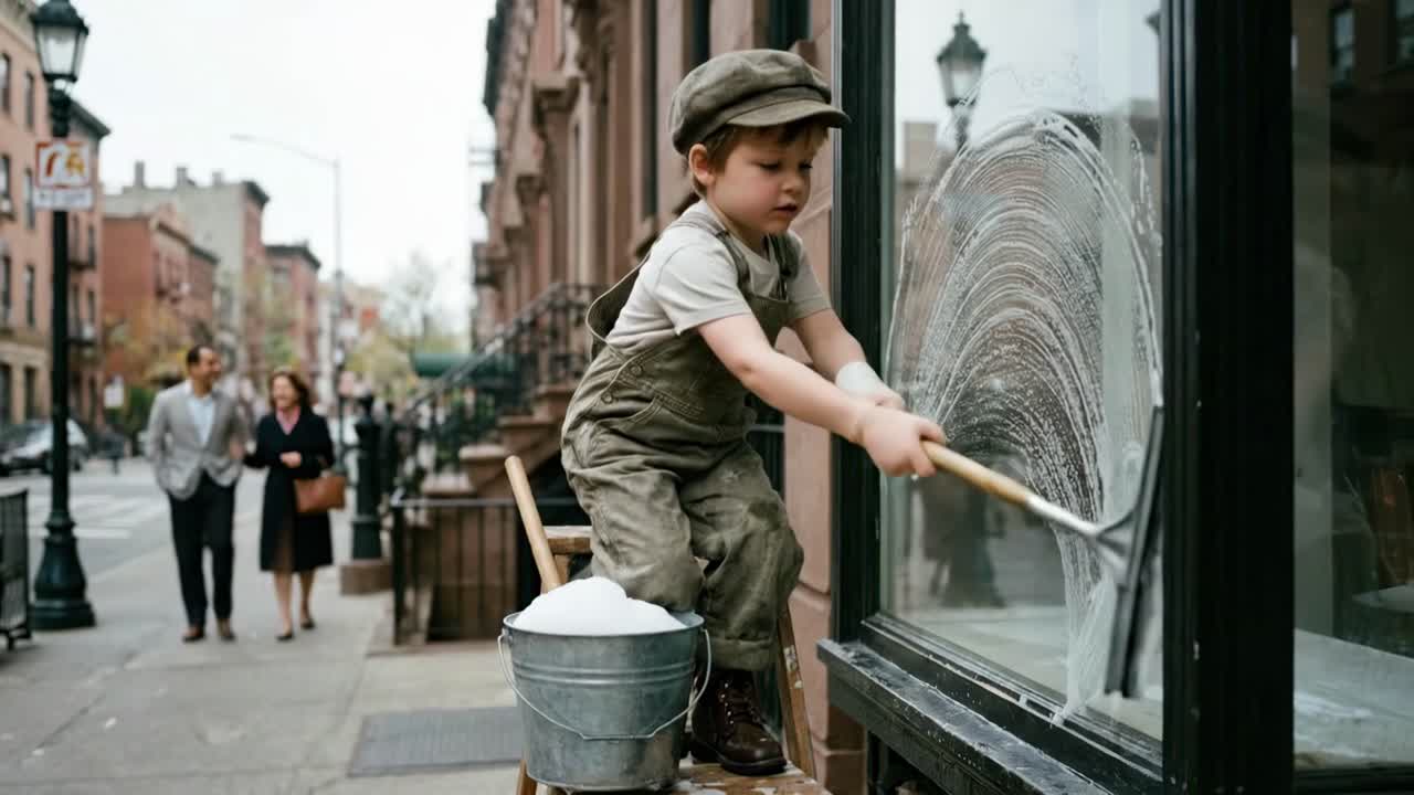 Ung dreng i vintage tøj pudser et butiksvindue på en gade i byen
