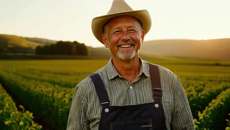 smiling farmer standing in a field at sunset