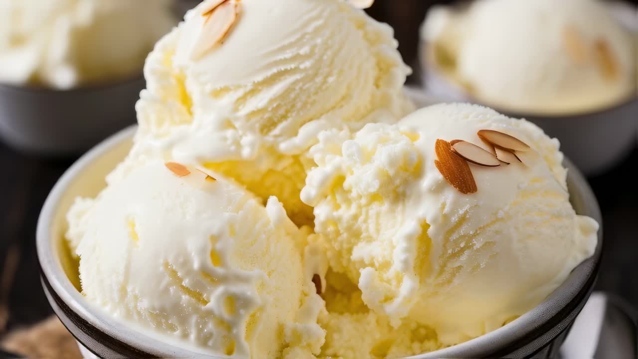 Metal spoon serving creamy vanilla ice cream scoops garnished with toasted almonds in a small bowl, other bowls blurred in the background create a sense of abundance and indulgence
