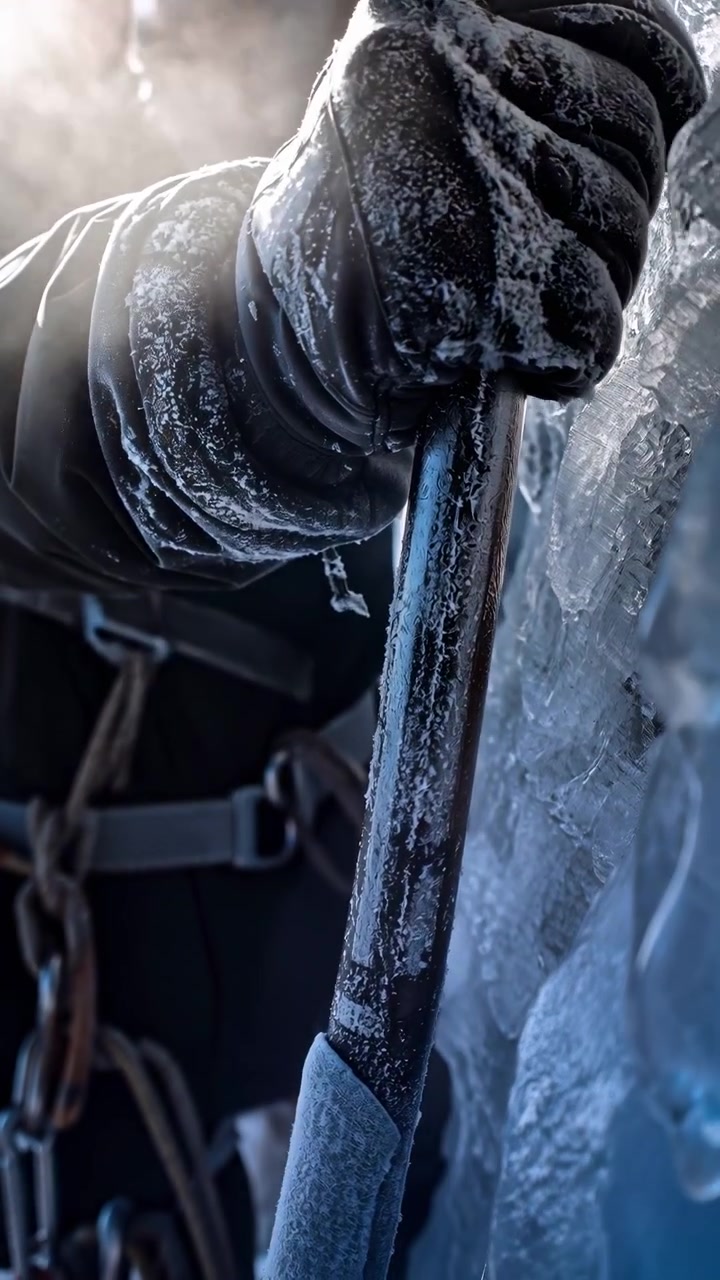 Close view follows a thick insulated glove holding an icy metal axe against a textured frozen surface while frost coats the gear and soft vapor moves through cool backlight.