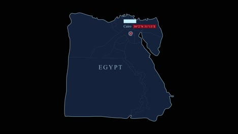 Mapa-Azul-De-Egipto-Con-La-Capital-De-El-Cairo-Y-Coordenadas-Geográficas-Sobre-Fondo-Negro.