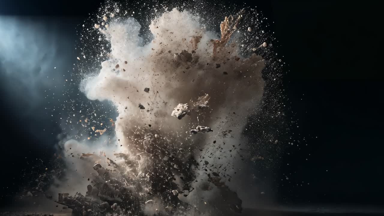 Burst launching dust cloud and debris fragments rising against dark studio backdrop forming billows