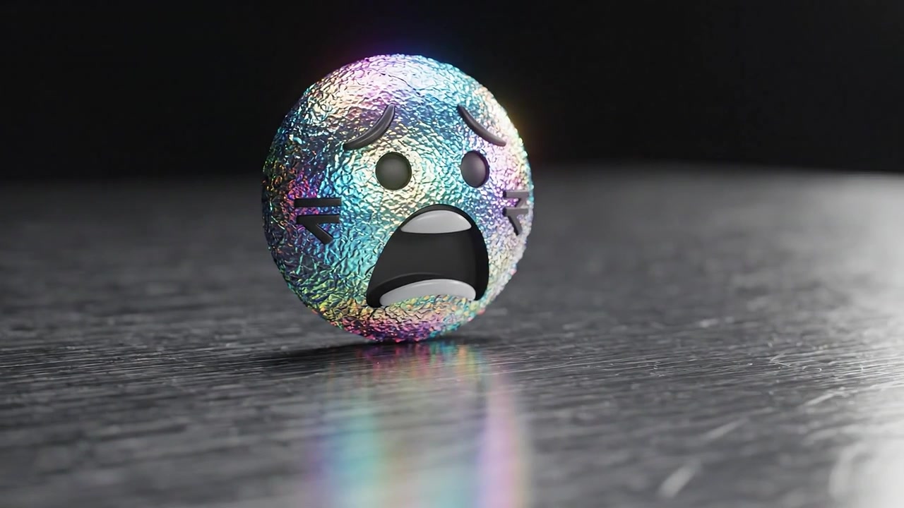 Un oggetto decorativo carico di emozione che riflette la luce, con un volto angosciato in due cornici che catturano la sua espressione sfortunata e colori vivaci.