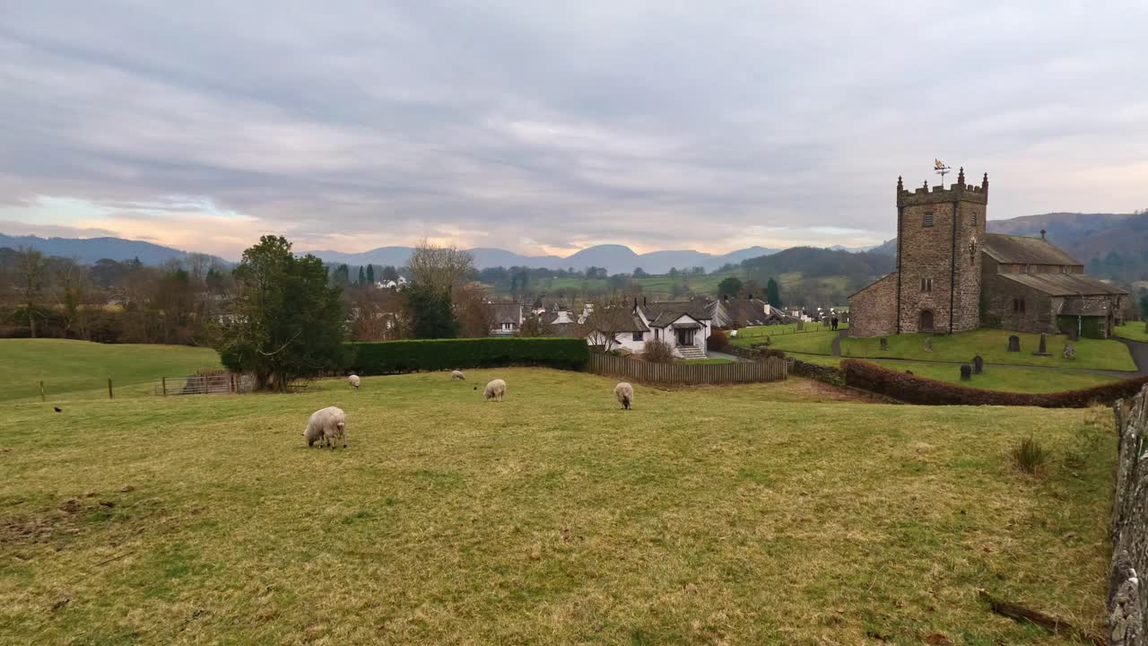 St. Michael og Alle Engle Kirke i Hawkshead, viser marker og græssende får, Cumbria, Storbritannien