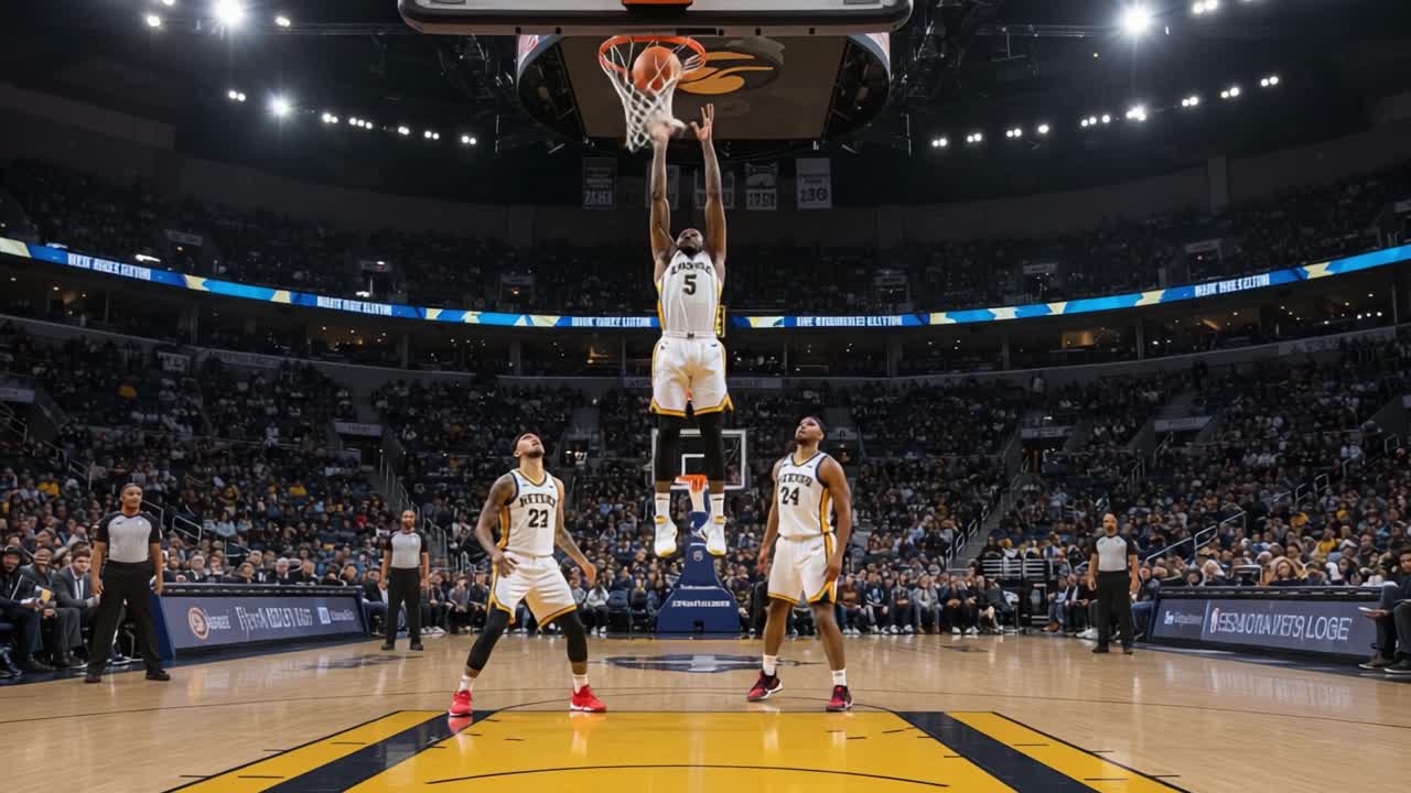 Intense Basketball Action: A Player Aims for the Hoop in a Dramatic Shot Attempt During a Thrilling Game Night with Fans Enthusiastically Cheering in the Stands
