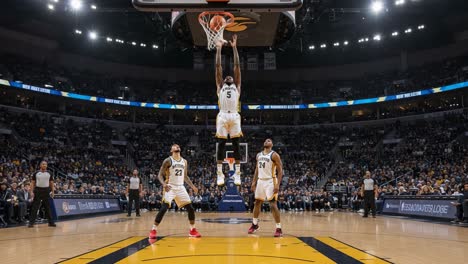 intense basketball action: a player aims for the hoop in a dramatic shot attempt during a thrilling game night with fans enthusiastically cheering in the stands