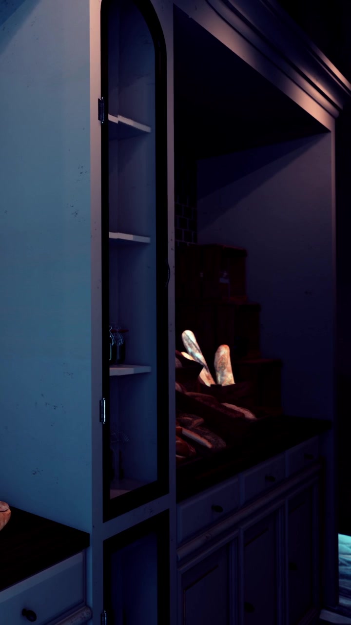 Esposizione di pane in una panetteria di notte con illuminazione blu e scaffali in legno