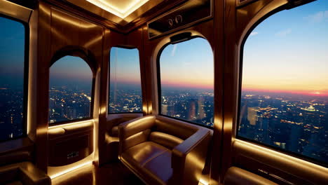 luxurious panoramic city view from a high-rise cabin at sunset