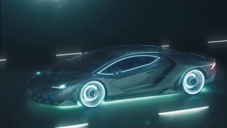 el automóvil deportivo de neón cibernético se apresura en el camino nocturno con luces de neón