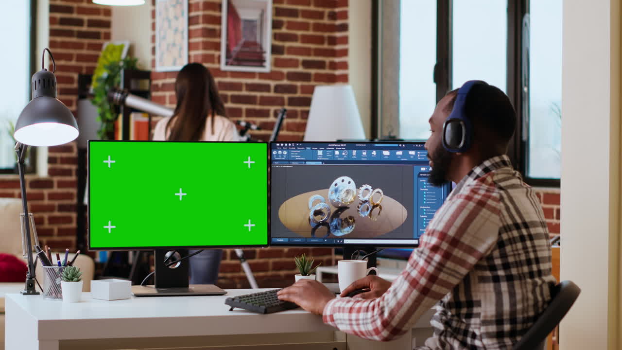 diseñador industrial afroamericano trabaja en renders 3d y maquetas aisladas