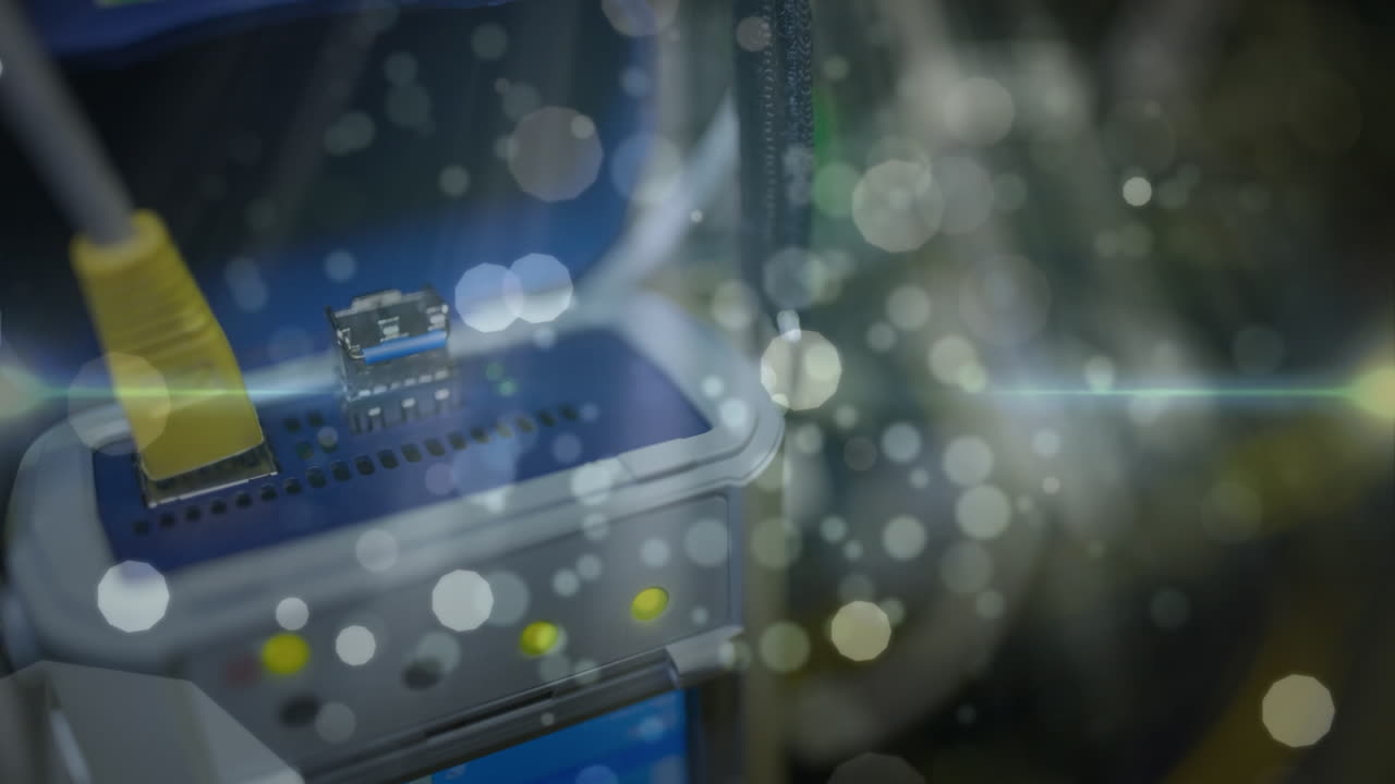 animación de luces y puntos flotando sobre cables de computadora