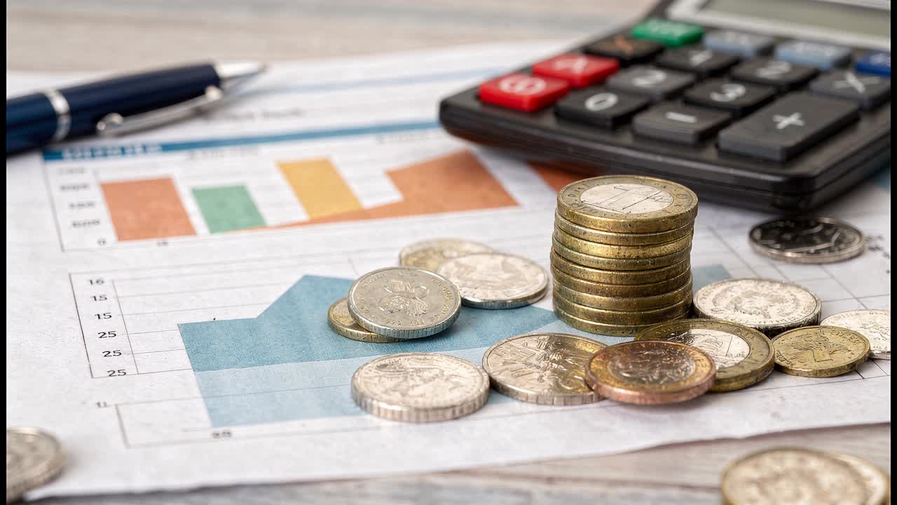 Moedas e calculadora sobre relatório financeiro com gráficos e tabelas na mesa