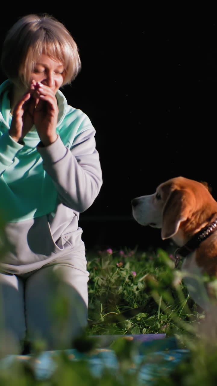 Calm night melody shared with dog, Serene evening as woman and dog enjoy peaceful surroundings, Tranquil evening scene where gentle woman and attentive dog relax together peacefully under dim sky