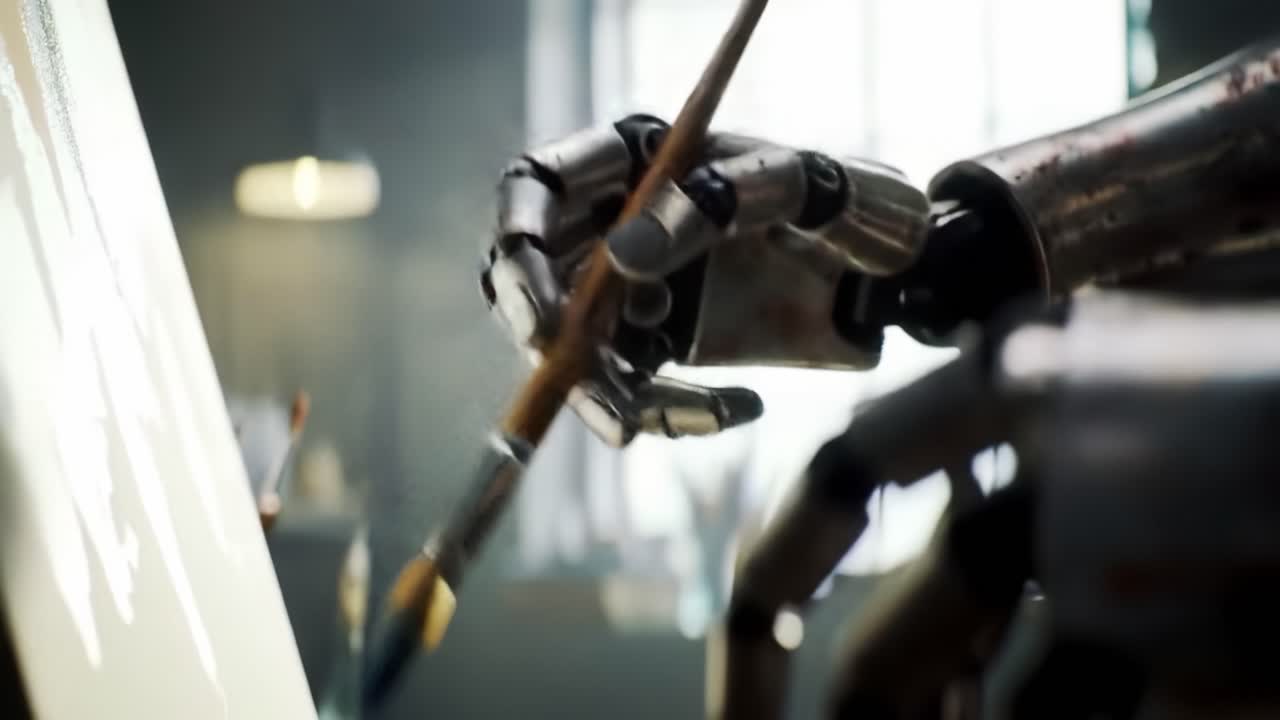 Una mano robotica maneggia abilmente un pennello, applicando colore su una tela in uno studio d'arte. L'atmosfera è piena di creatività e strumenti per artisti.