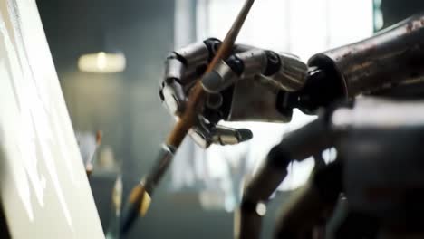 A robotic hand skillfully handles a paintbrush, applying color to a canvas in an art studio. The atmosphere is filled with creativity and tools for artists.