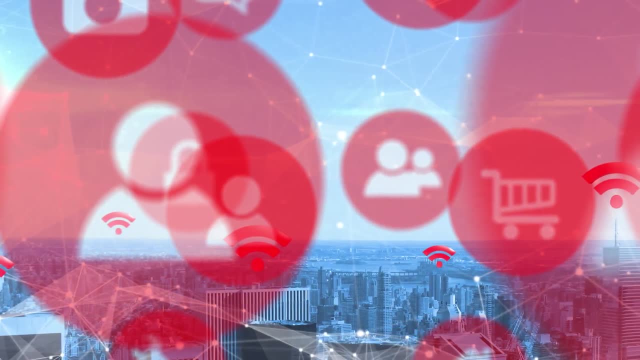 도시 풍경 위에 떠다니는 디지털 아이콘의 애니메이션