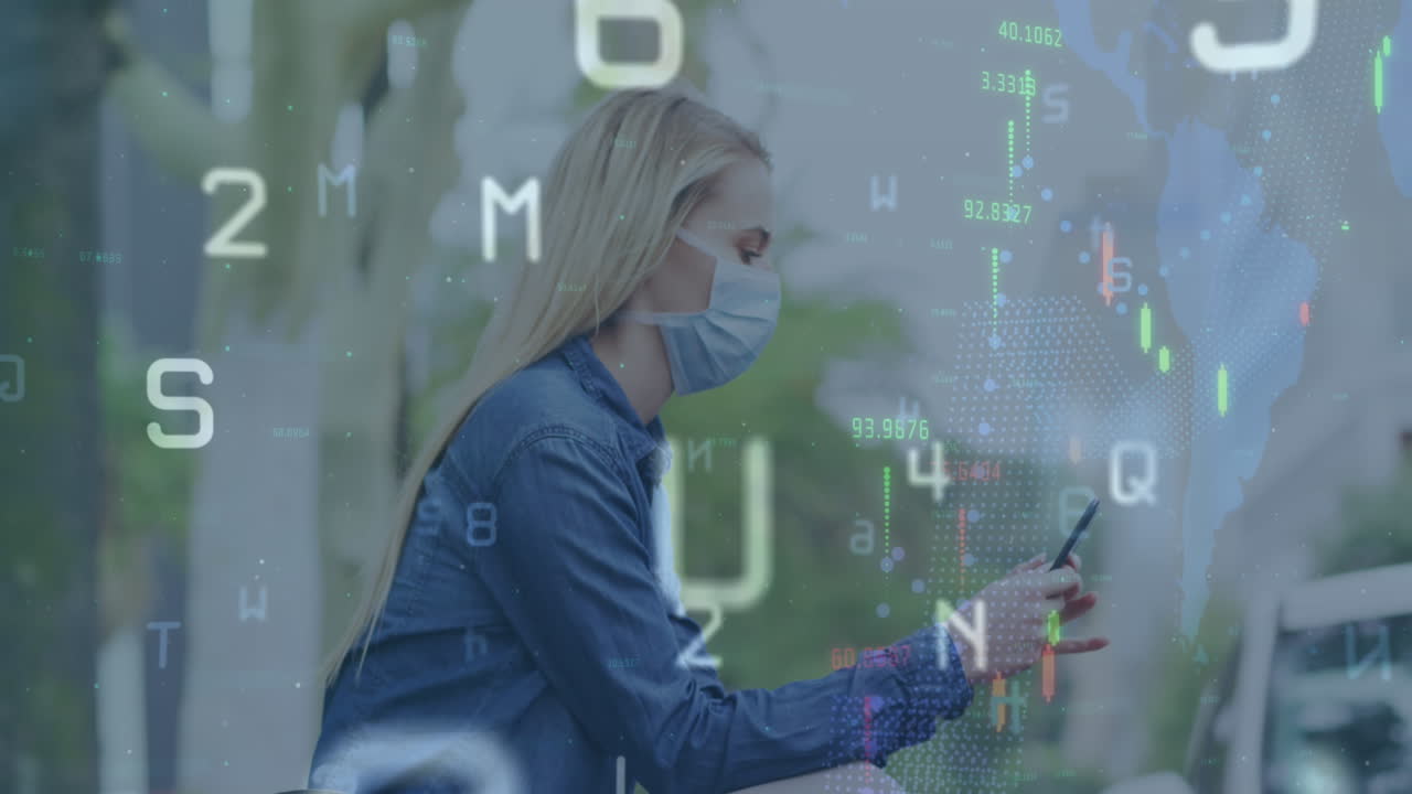 анимация обработки финансовых данных над женщиной в маске с использованием смартфона