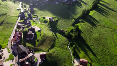 aerial view of village on greenery meadows with narrow river stream