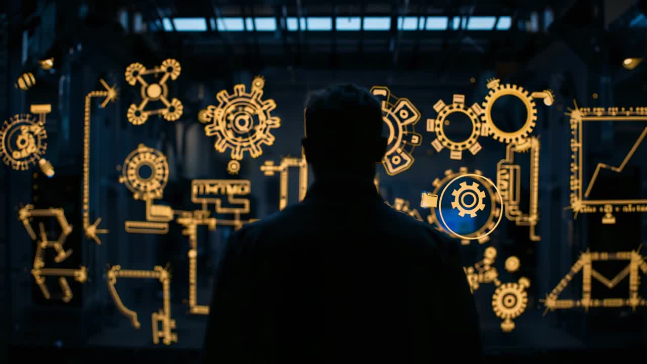 Display activating, man in dark coat watching diagram at plant checking data and blue gear pulsing