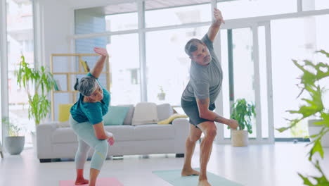 yoga, stretching and senior couple in home living