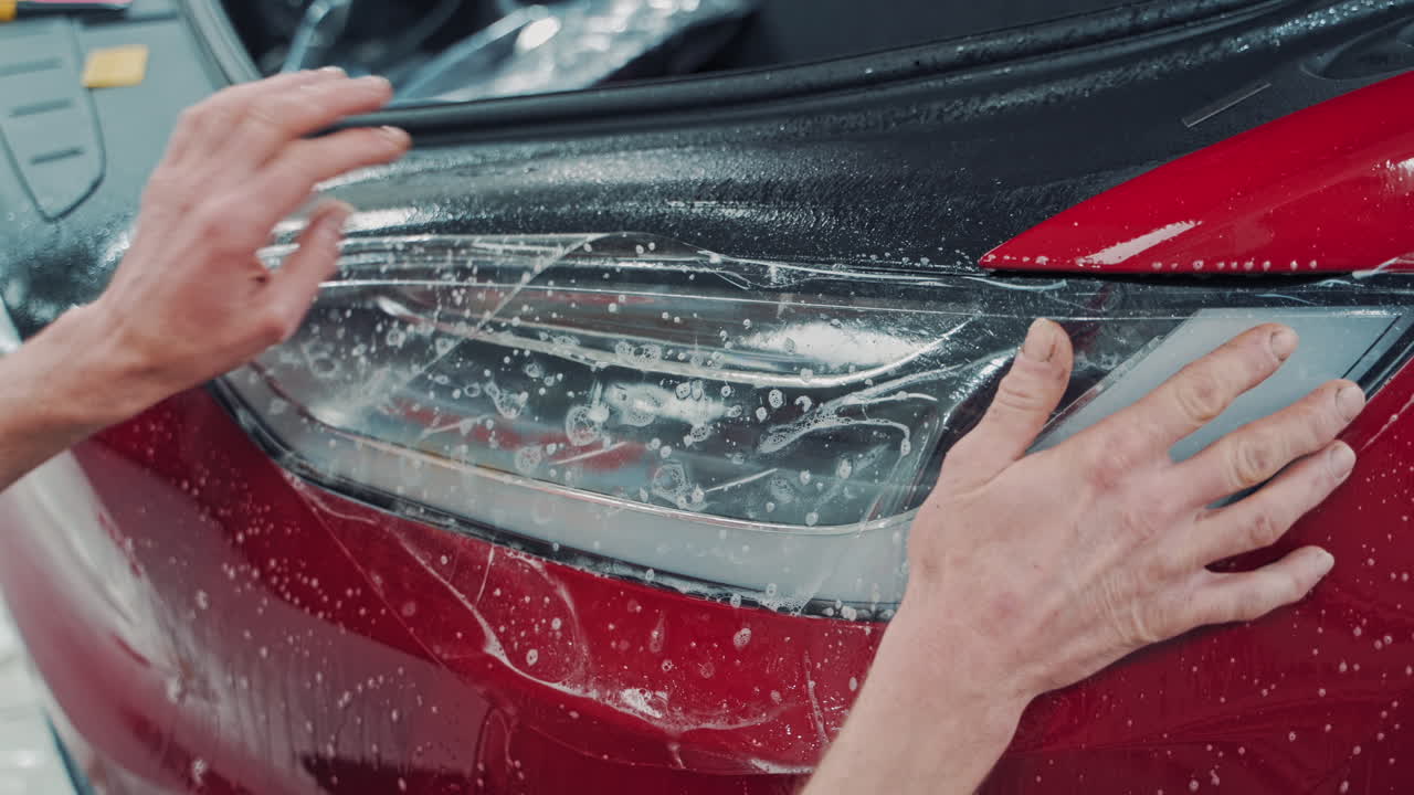 Films for the car. Sticker protective film on the headlight of the car