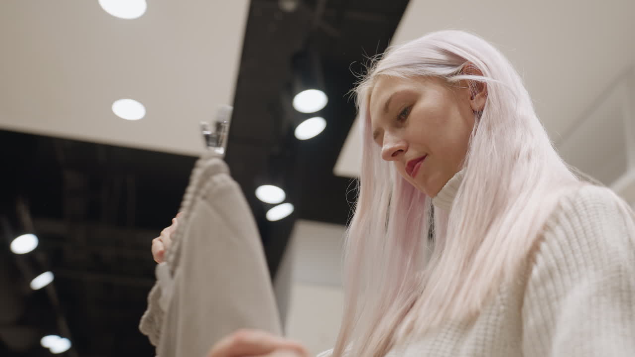 Calm focused woman with pastel hair wearing chunky knit turtleneck sweater under soft ceiling lights at clothing store gently lifts garment on hanger, studying fabric and sewing details