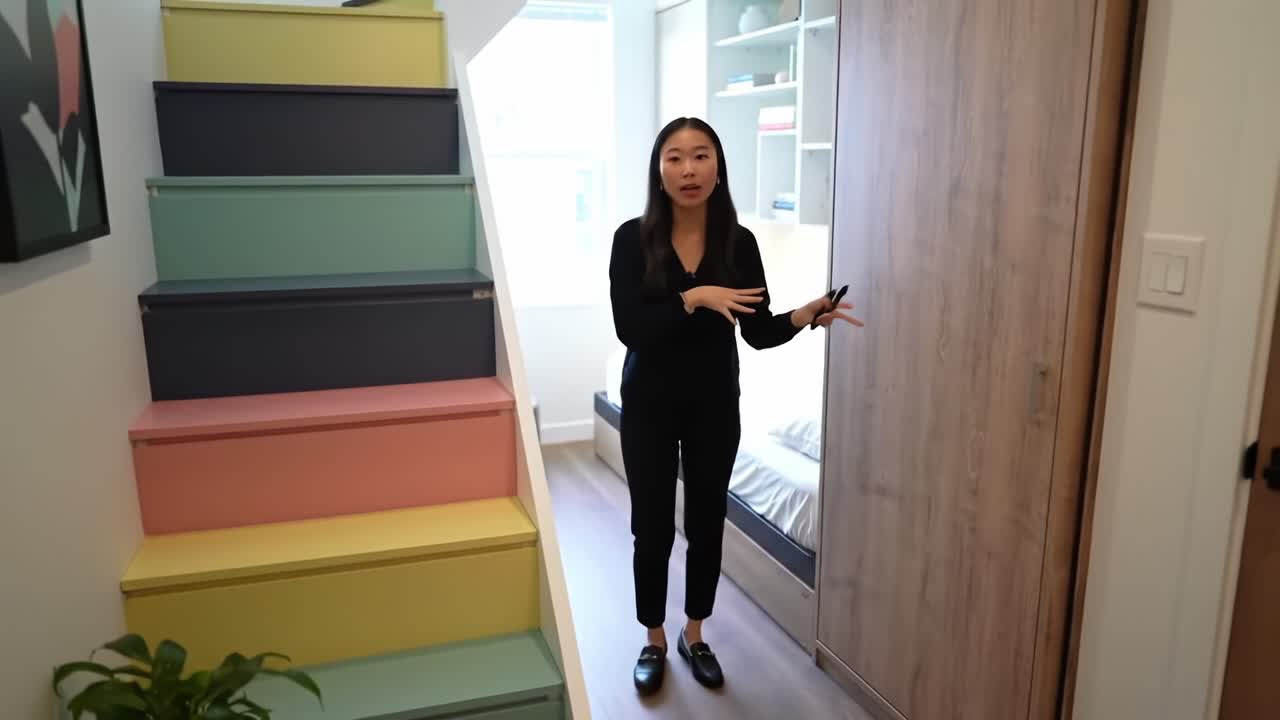 En stilfuld rundvisning i et interiør: Udforsk et moderne rum med livlige trapper, minimalistisk design og funktionelt layout til komfortabelt liv.