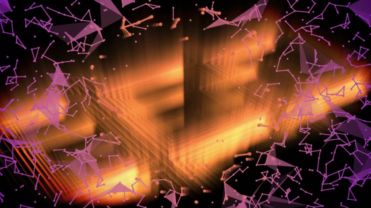 Vazio se abrindo com linhas neon formando um cubo girando entre triângulos roxos em estrutura aramada mostrando uma rede