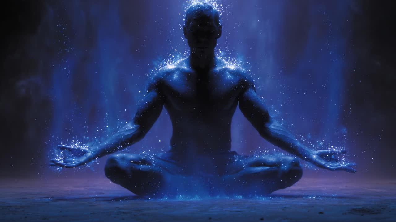 Una figura meditativa che irradia energia cosmica, circondata da un'aura mistica di luce blu e particelle scintillanti, simboleggiando la pace interiore e il risveglio spirituale