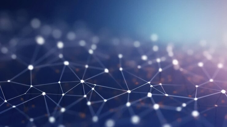 Abstract network of interconnected nodes and lines, viewed from a close-up angle