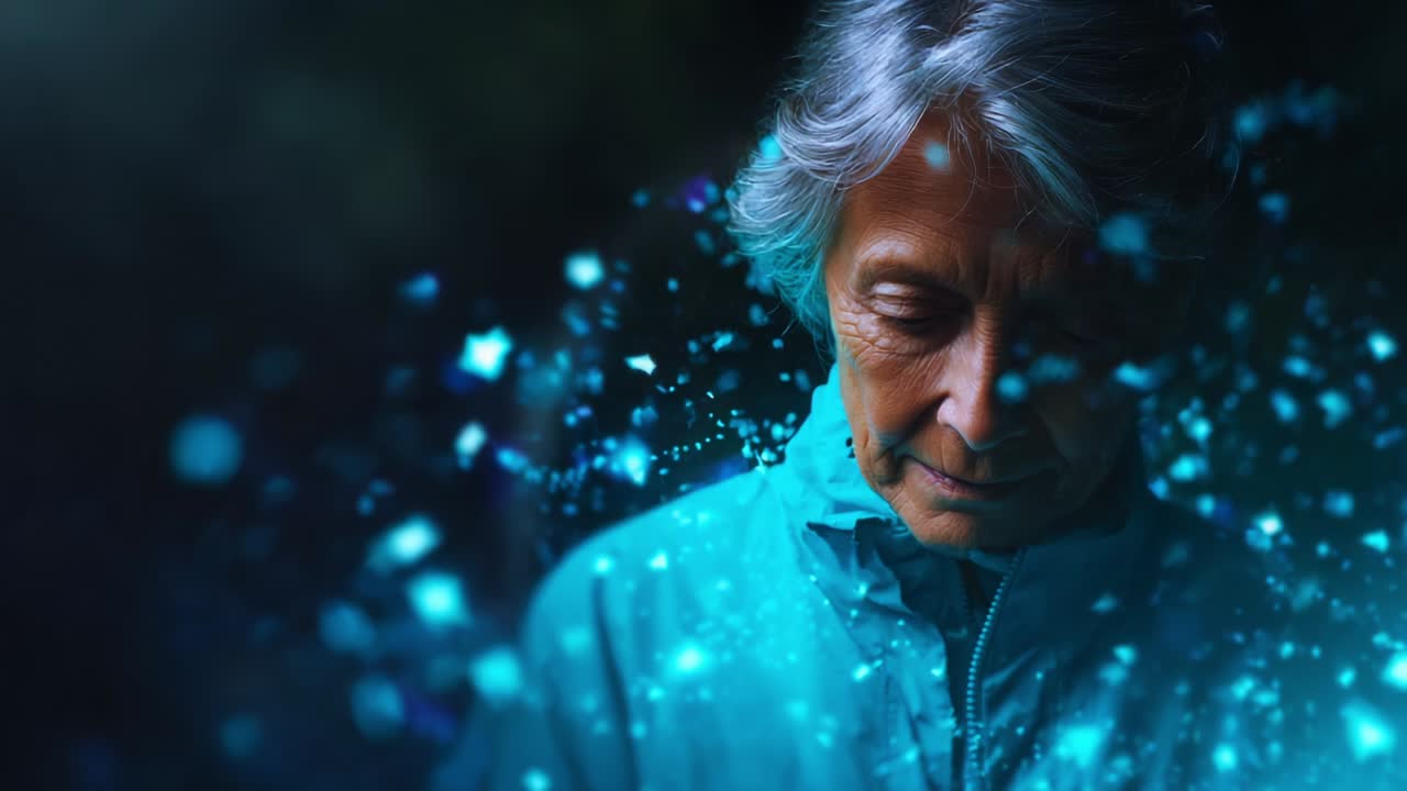 A contemplative moment captured in a visually striking scene, featuring an elderly figure shrouded in a serene blue aura, embodying reflection and introspection amid a backdrop of ethereal particles