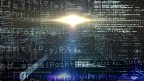 Animation of data processing over glowing computer circuit board