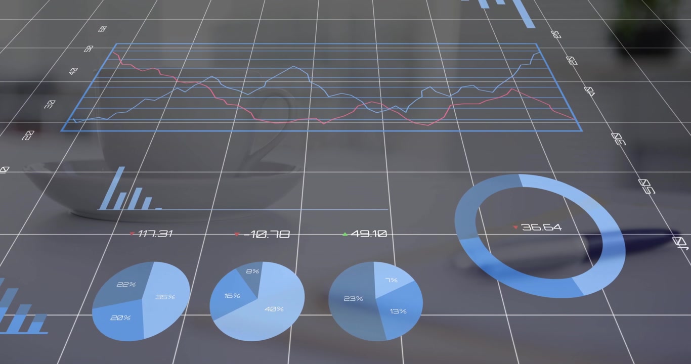 Software launching AR dashboard on white desk, animating finance bar, pie, line charts for analysis
