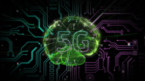 Animación-De-5g-Con-Placa-De-Circuito-De-Computadora-Sobre-Cerebro-Digital-Sobre-Fondo-Negro