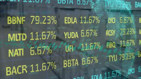 Animation-of-stock-market-data-processing-over-globe-against-grey-background