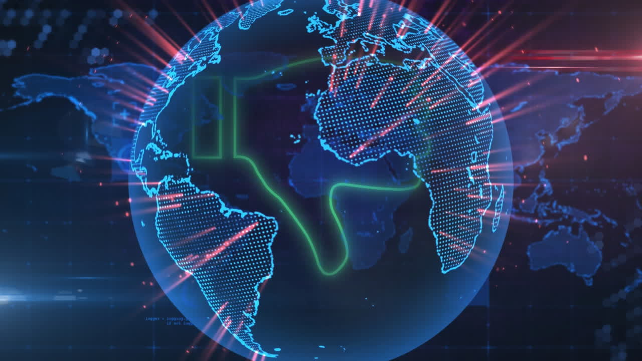 Animation of thumbs down icon over globe and map against abstract background