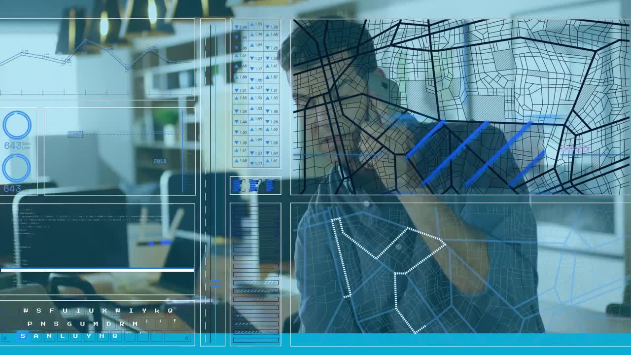 animación de gráficos, círculos, lenguaje informático, patrón de mapas, hombre caucásico hablando en teléfono celular