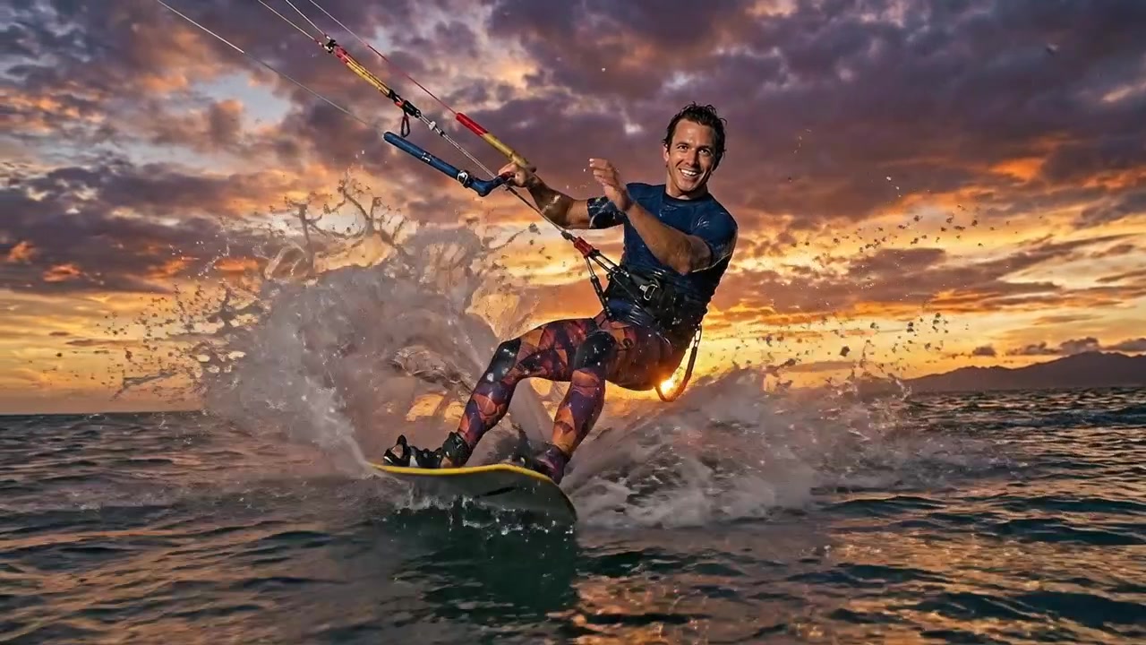 Kitesurfer Riding Waves During a Vibrant Sunset