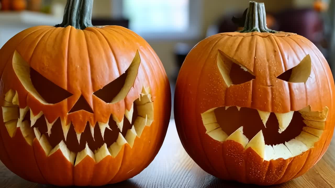 dos calabazas talladas sentadas encima de una mesa de madera