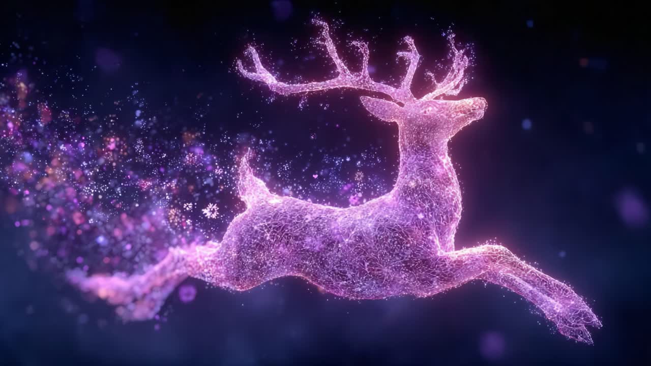 A mystical purple deer leaps gracefully through a shimmering night sky, surrounded by ethereal sparkles and a magical glow that enchants the viewer's imagination