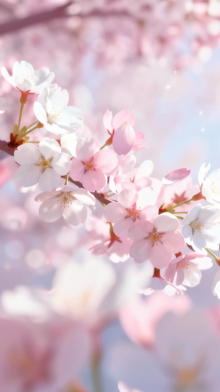 Vertical video: Drifting cherry blossom branch shedding petals under breeze at park, bokeh sunlight