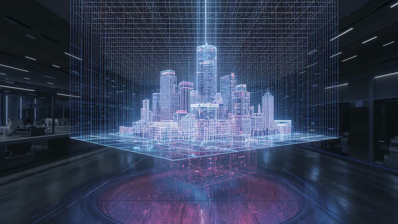 Powering circular platform, holographic city forming cubic grid while magenta streams feeding model