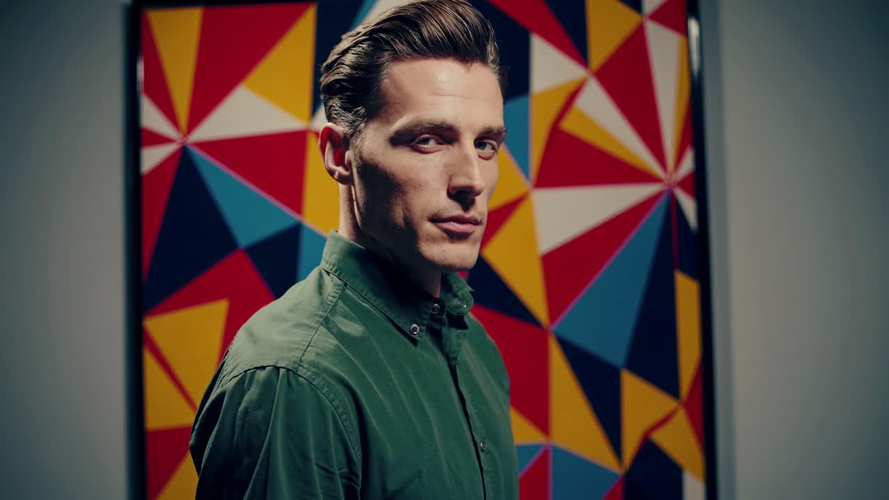 기하학적 배경으로 녹색 셔츠를 입은 남자