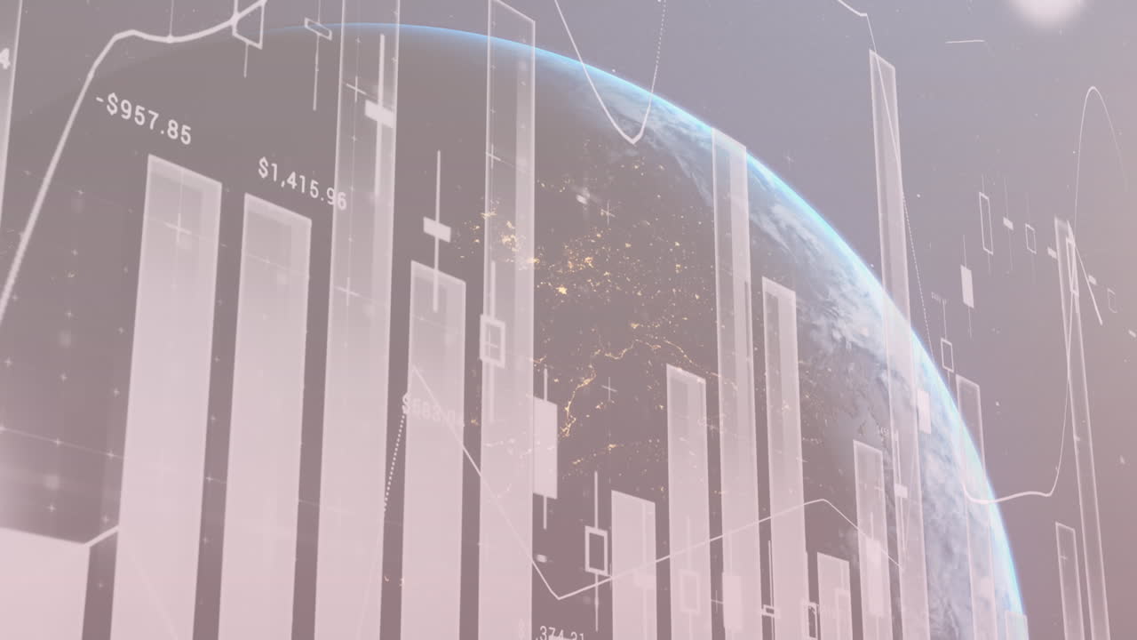 추상적인 배경에 대한 지구상의 숫자와 렌즈 플레어가 있는 그래프의 애니메이션