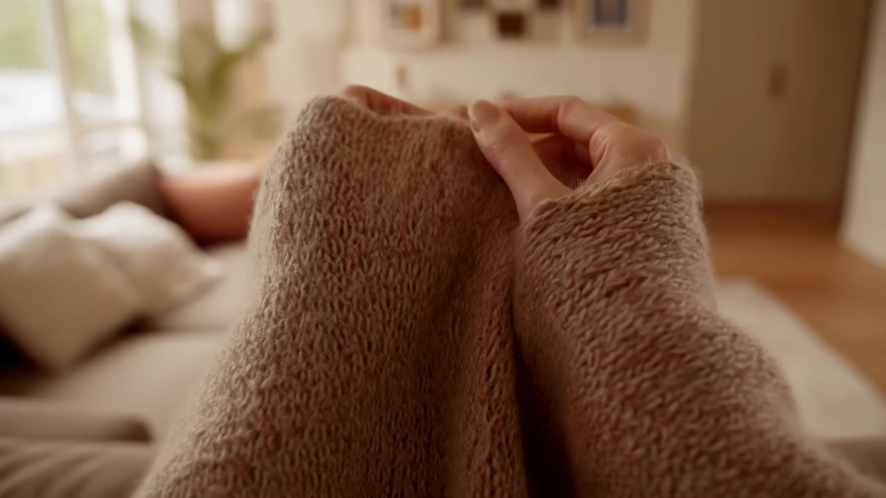 Primo piano di mani che tengono e sistemano le maniche di un maglione oversize a maglia grossa in interni, polpastrelli e pollice visibili con unghie corte e curate, luce naturale soffusa, ambiente domestico calmo e accogliente